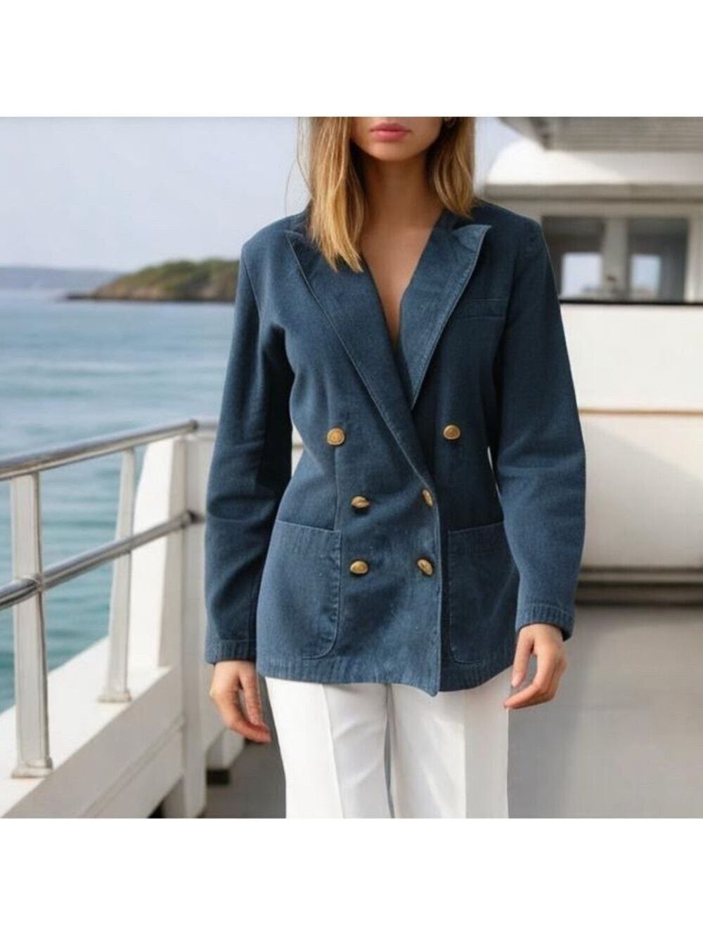 80S LIZ SPORT COTTON DENIM DOUBLE BREASTED BLAZER W GOLD TONE CREST BUTTONS SZ S